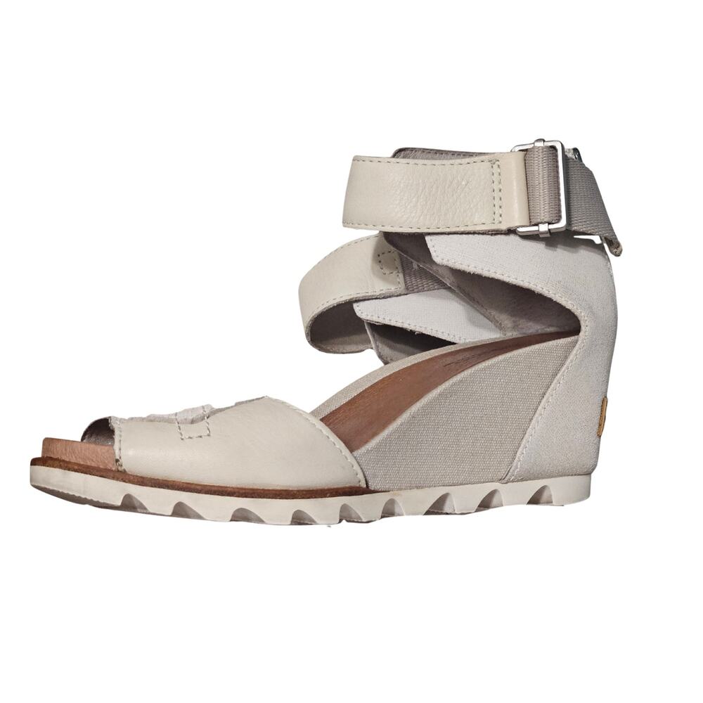 Cream Sorel Joanie Sandal Leather Wedge Heels Ankle Strap Open Toe Size 6.5